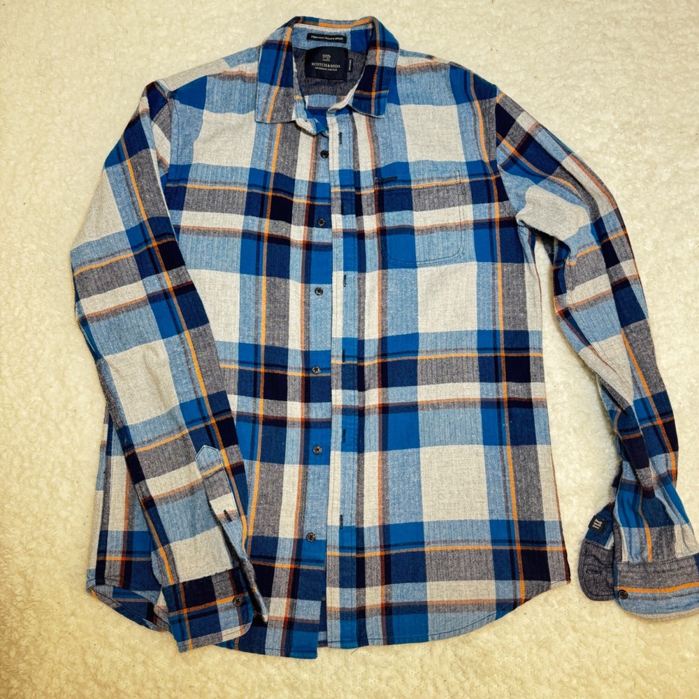 Scotch & Soda Mens Regular Fit Plaid Flannel Button Down Shirt Blue Grey Medium
